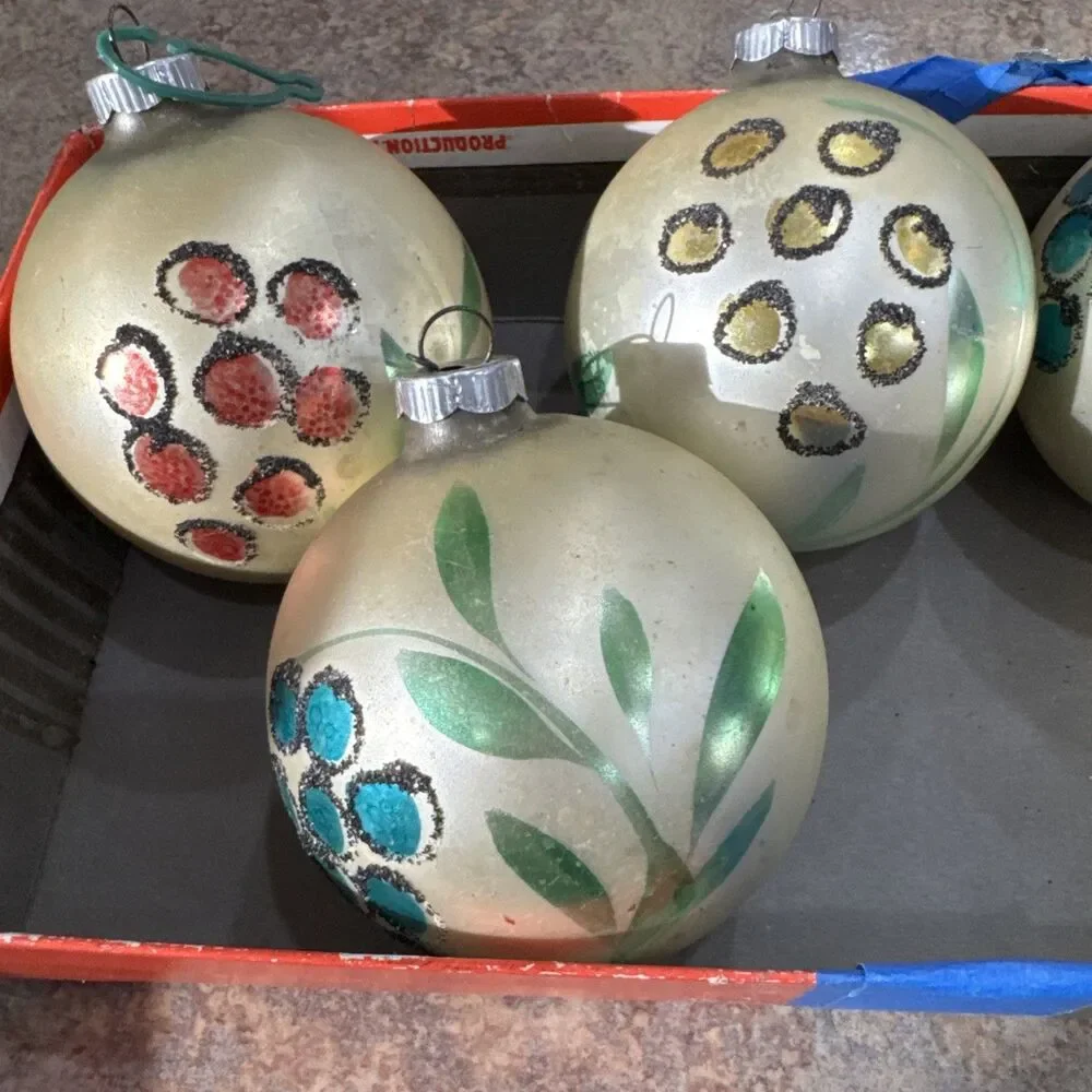 5 Vintage Christmas Ornaments Painted Floral Design Jumbo Balls West Germany